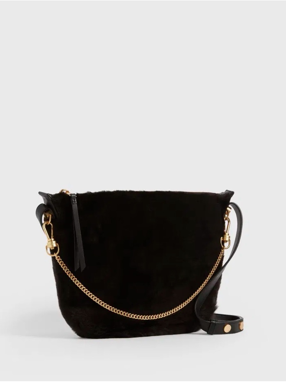 AllSaints Blake Pony Leather Shoulder Bag Shearling Crossbody Black Gold GUC
